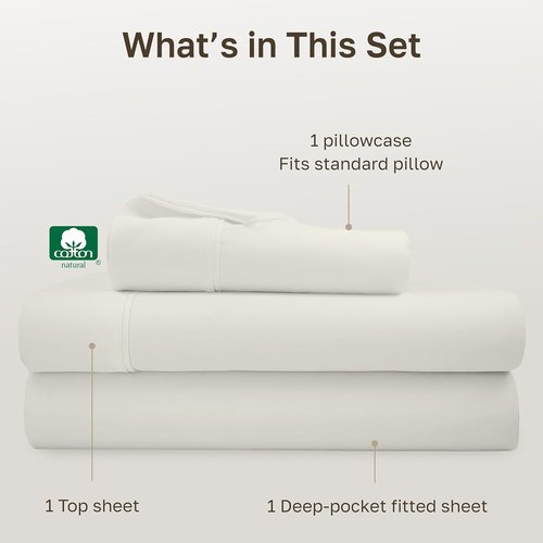 California Design Den Twin Sheet Set - 100% Soft Cotton, 400 Thread Count, Silky Sateen - Ivory