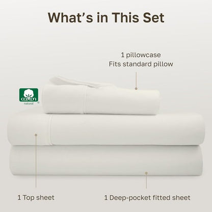 California Design Den Twin Sheet Set - 100% Soft Cotton, 400 Thread Count, Silky Sateen - Ivory
