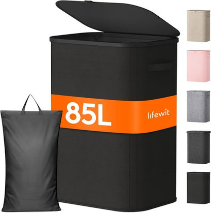 Lifewit 85L Large Laundry Basket - Foldable Hamper with Lid & Removable Bag | Black for Home Use