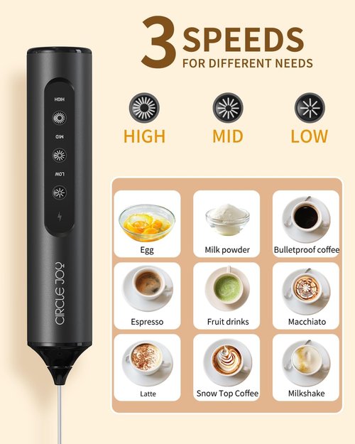 CIRCLE JOY Rechargeable Handheld Milk Frother - 3 Speeds, 3 Whisks & Stand | Perfect for Lattes, Cappuccinos & More