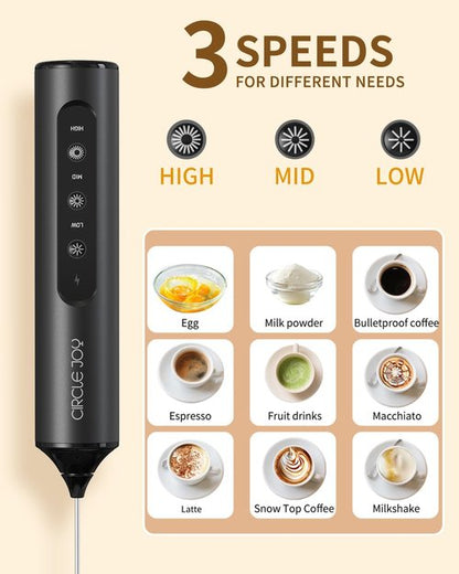 CIRCLE JOY Rechargeable Handheld Milk Frother - 3 Speeds, 3 Whisks & Stand | Perfect for Lattes, Cappuccinos & More