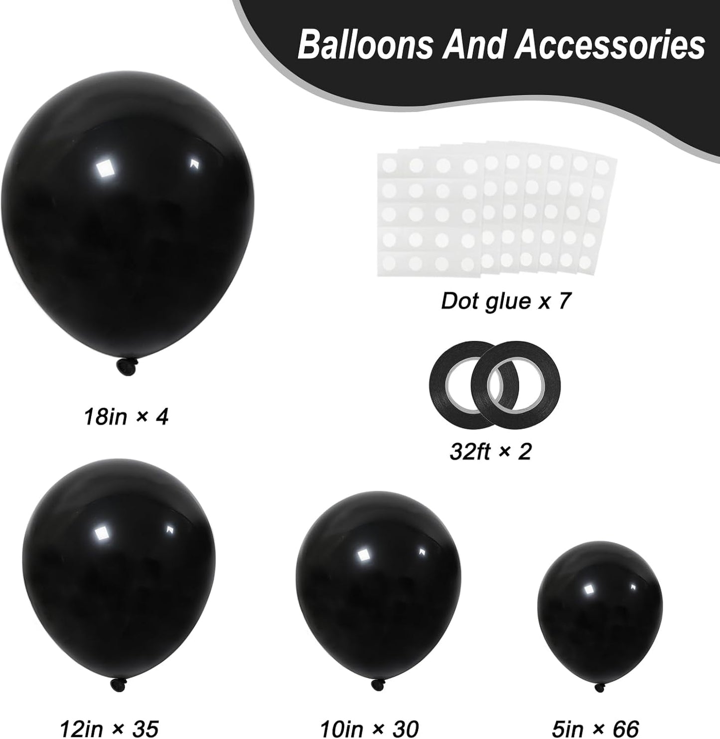 RUBFAC Black Balloons - 135pcs in Various Sizes (5-18 Inch) for Halloween, Birthday & Wedding Decor