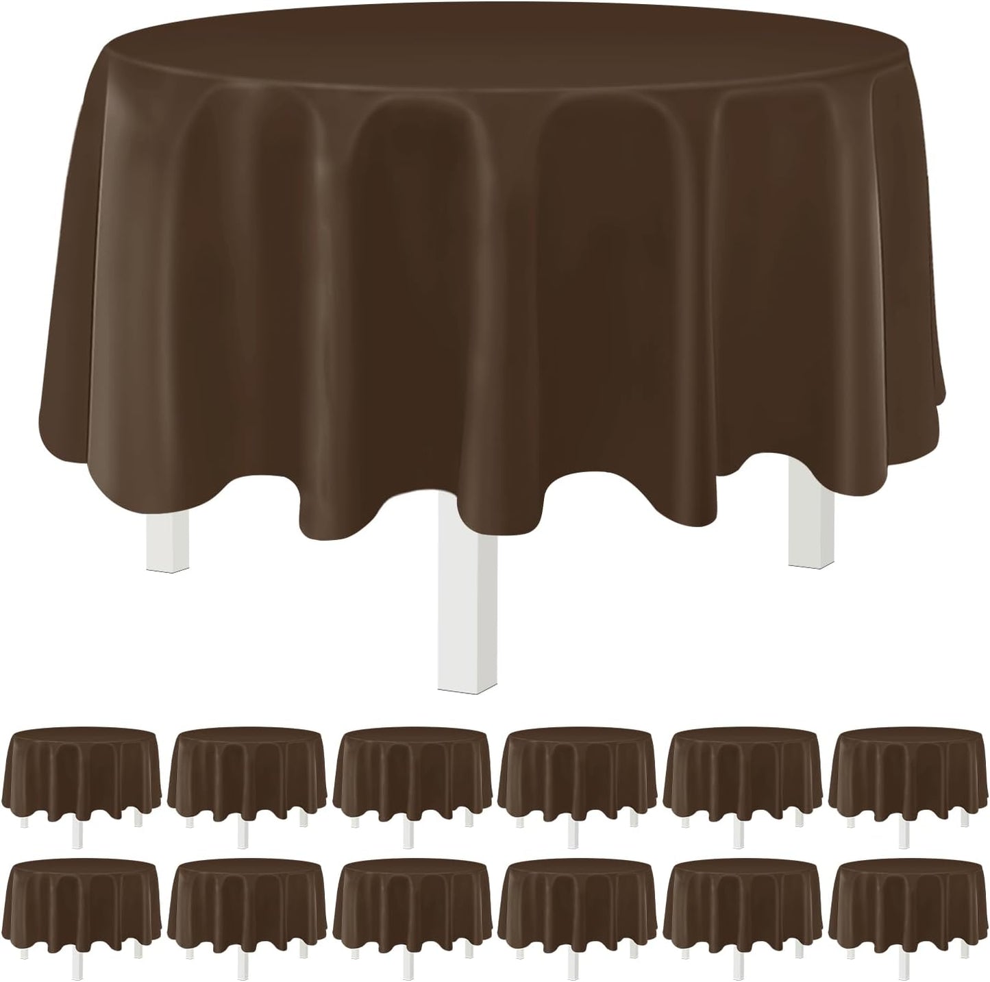 Skiennix Disposable Round Tablecloths - 12 Pack Brown Plastic Covers for Parties | 84" Size