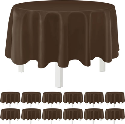 Skiennix Disposable Round Tablecloths - 12 Pack Brown Plastic Covers for Parties | 84" Size