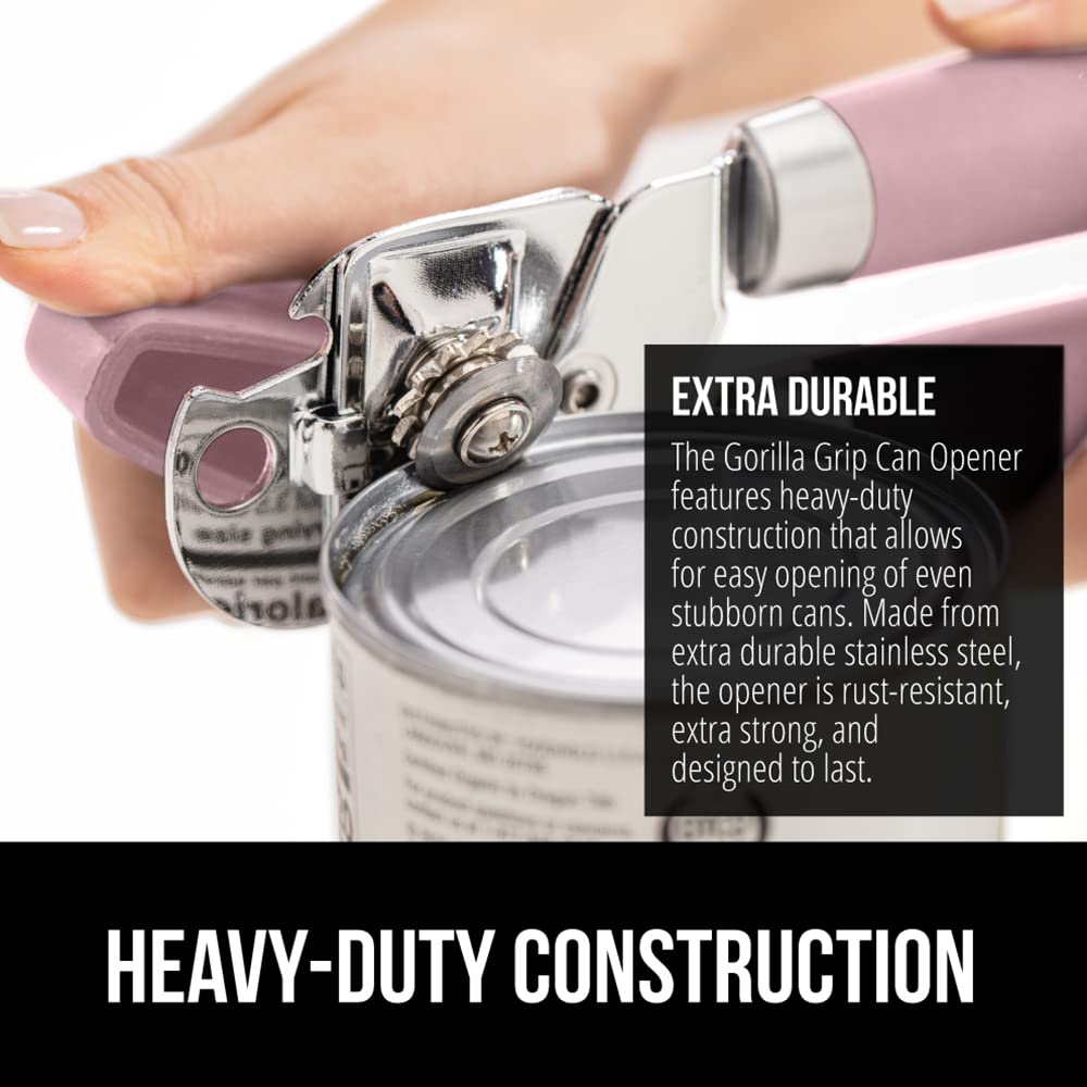 The Original Gorilla Grip Heavy Duty Stainless Steel Smooth Edge Manual Hand Held Can Opener With Soft Touch Handle, Rust Proof Oversized Handheld Easy Turn Knob, Large Lid Openers, Pink