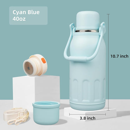 Skiennix Insulated Water Bottle - 40 Oz Vacuum Travel Tumbler with Handle & Strap | Cyan Blue