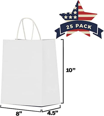 Qutuus White Paper Gift Bags with Handles Bulk 25 pcs 8x4.5x10 Medium White Paper Bags for Gifts, Valentines, Shopping, Retail