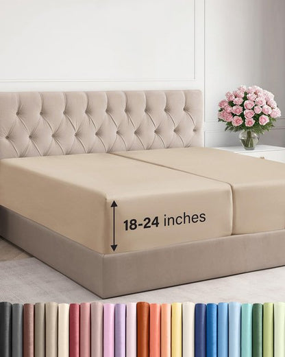 Extra Deep Split King Fitted Sheet - Hotel Luxury Single Fitted Sheet Only - Easily Fits 18 inch to 24 inch Mattress - Ultra Soft, Wrinkle & Fade Free w/Extra Deep Pocket - Breathable & Comfy - Cream
