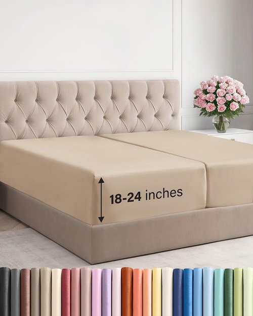 Extra Deep Split King Fitted Sheet - Hotel Luxury Single Fitted Sheet Only - Easily Fits 18 inch to 24 inch Mattress - Ultra Soft, Wrinkle & Fade Free w/Extra Deep Pocket - Breathable & Comfy - Cream