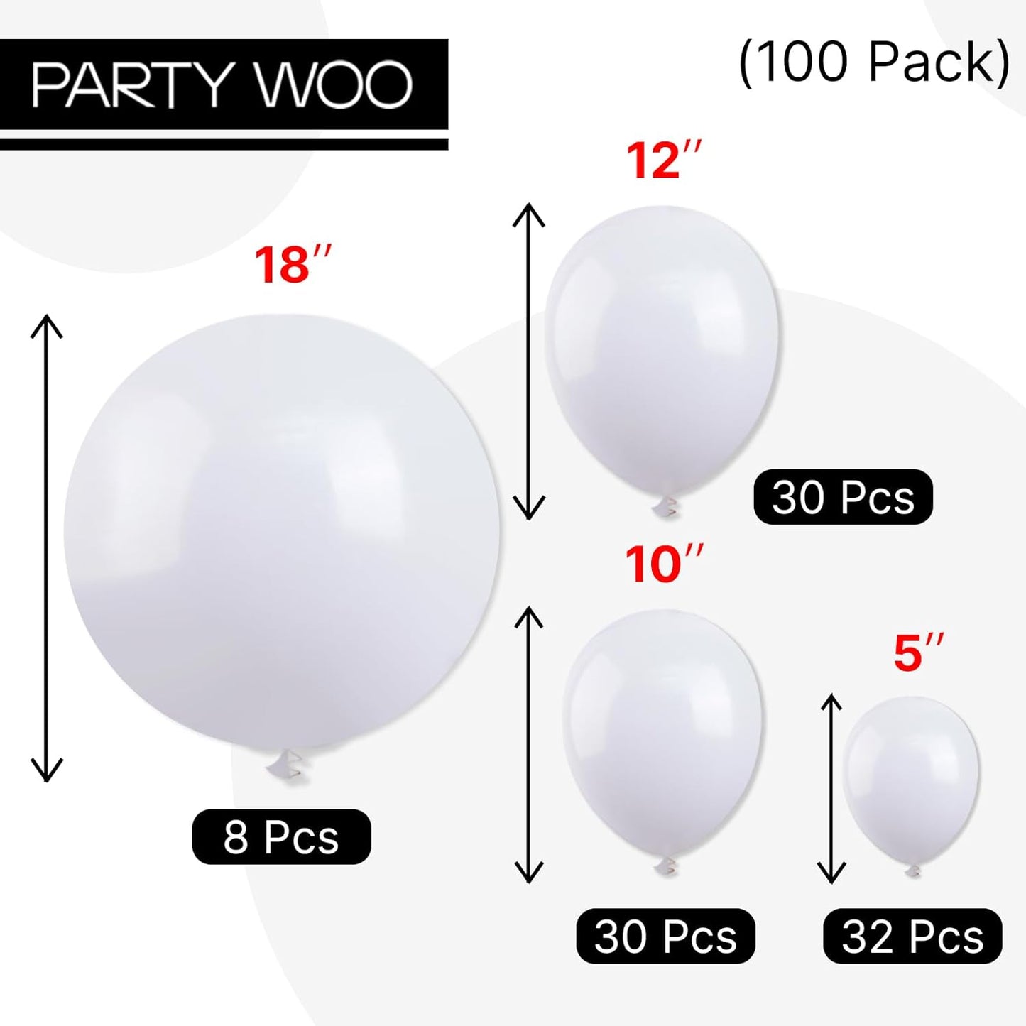 PartyWoo White Balloons - 100pcs Matte Latex Balloon Arch Kit for Weddings & Celebrations | 5-12 Inch Sizes