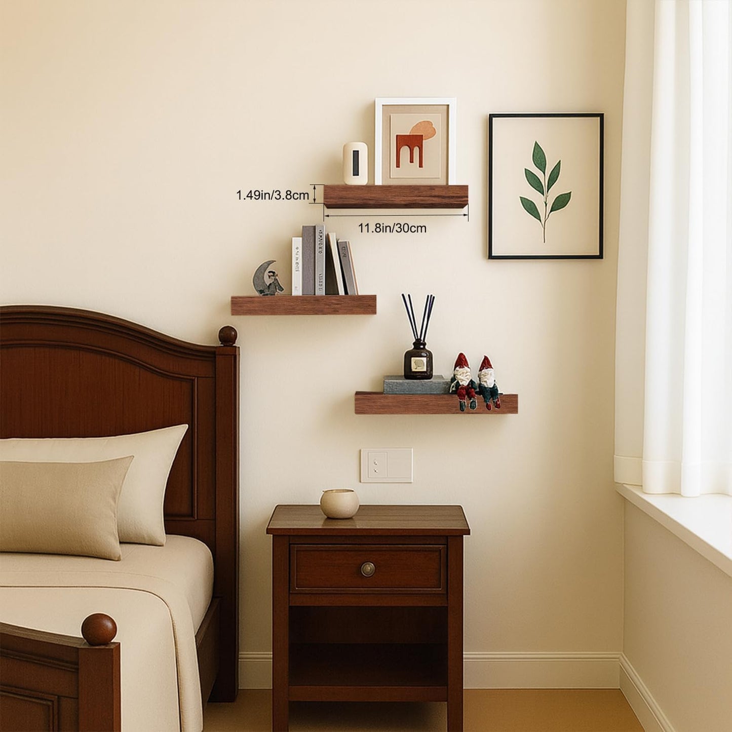 Modern Wooden Floating Shelves by [Brand Name] - Stylish Wall-Mounted Storage | Set of 3, 12x7x1.5 in (Walnut)