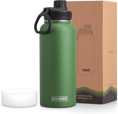 Koodee Insulated Water Bottle - 32 oz Stainless Steel Double Wall Vacuum Sport Bottle | Leakproof Spout Lid - Grass Green