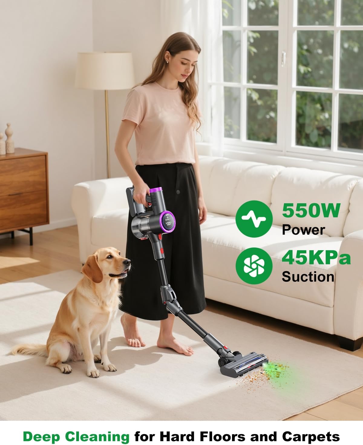 Skiennix Cordless Vacuum Cleaner - Powerful 550W Suction, Lightweight & Anti-Tangle for Pet Hair - Purple