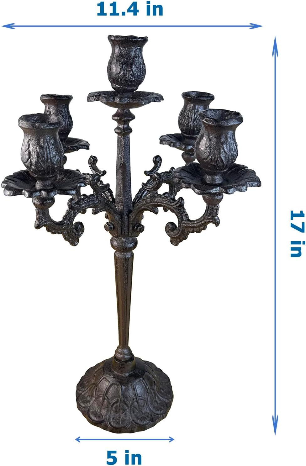 Antique Rust Brown Cast Iron Candelabra - 5-Arm Vintage Floral Candle Holder | 17" Tall Rustic Centerpiece