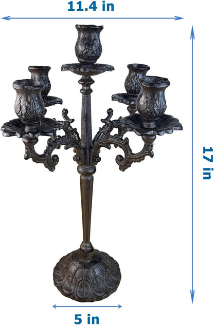 Antique Rust Brown Cast Iron Candelabra - 5-Arm Vintage Floral Candle Holder | 17" Tall Rustic Centerpiece
