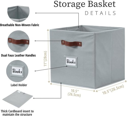 DECOMOMO Storage Bins - Fabric Cube Storage Bins with Labels for Shelves | 10.5" x 11" | Grey (6pcs)