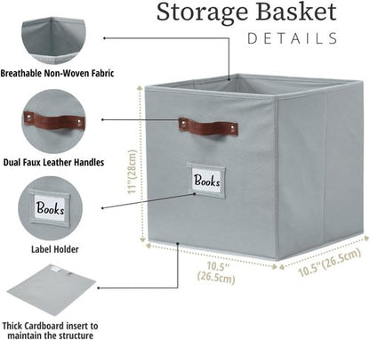 DECOMOMO Storage Bins - Fabric Cube Storage Bins with Labels for Shelves | 10.5" x 11" | Grey (6pcs)