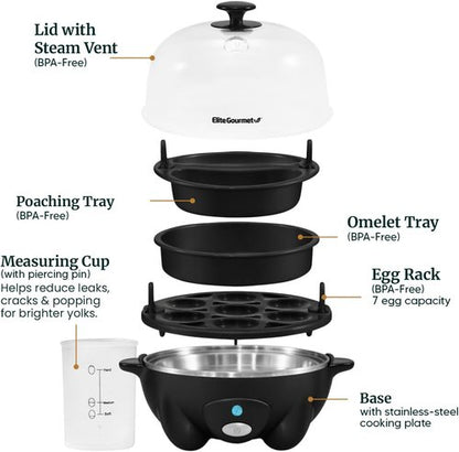 Elite Gourmet Rapid Egg Cooker - Perfectly Cook 7 Hard, Medium, Soft Boiled Eggs | Auto Shut-Off, Black