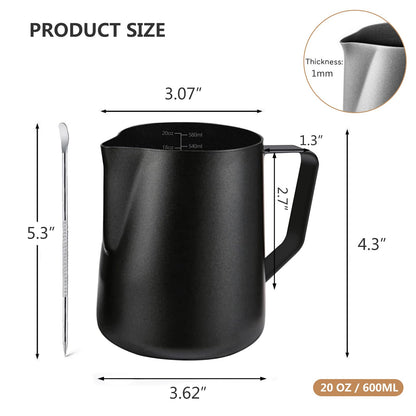 TooCust Milk Frothing Pitcher，20 OZ/600ML Milk Steaming Pitcher with Non-Stick Coating, Stainless Steel Espresso Pitcher for Coffee Latte Art, Metal Milk Frother Cup with Coffee Art Pen Black