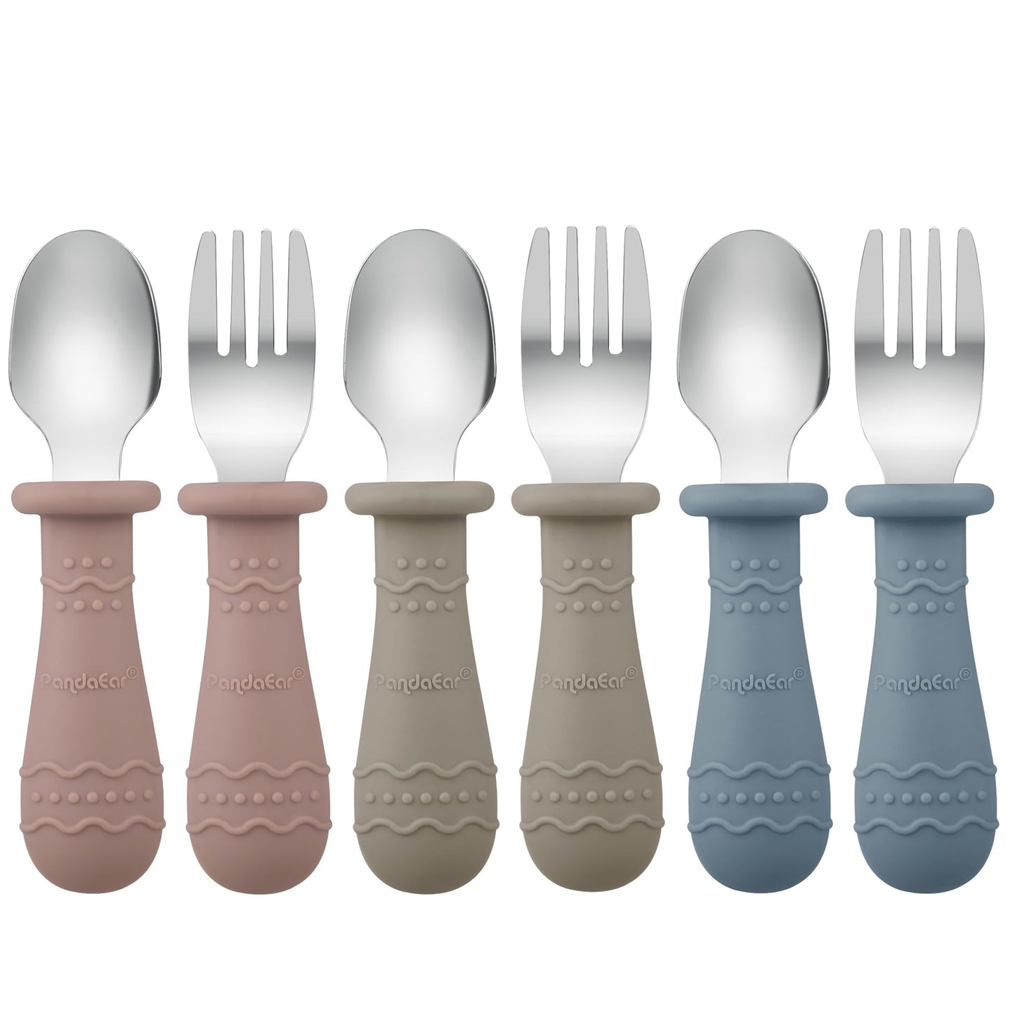 PandaEar Toddler Utensils, 6 Pack Kids Spoons and Forks, 18/8 Stainless Steel & Food Grade Silicone Children Silverware Set, Dishwasher Safe (Blue/Brown/Red)