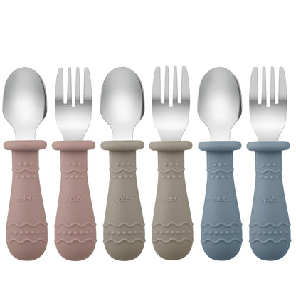 PandaEar Toddler Utensils, 6 Pack Kids Spoons and Forks, 18/8 Stainless Steel & Food Grade Silicone Children Silverware Set, Dishwasher Safe (Blue/Brown/Red)