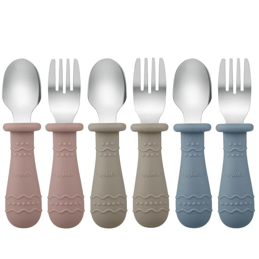 PandaEar Toddler Utensils, 6 Pack Kids Spoons and Forks, 18/8 Stainless Steel & Food Grade Silicone Children Silverware Set, Dishwasher Safe (Blue/Brown/Red)