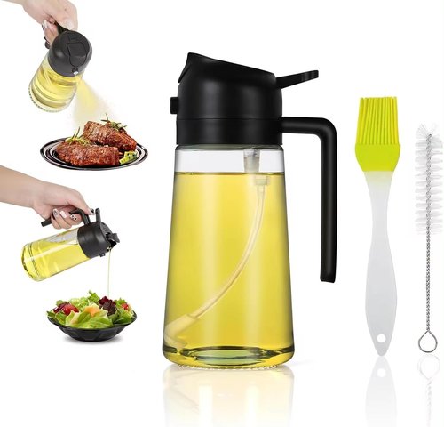 Glass Oil Spray Bottle by [Brand Name] - 16oz Refillable Olive Oil Dispenser | Fine Mist & Stream, Leak-Proof - Black