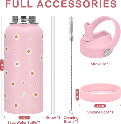 Skiennix Pink Daisy Water Bottle - 32oz Insulated with Flip Straw & Handle | Leak-Proof Stainless Steel Gift for Women & Teens