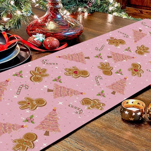 Pink Gingerbread Christmas Table Runner 13x72 Inches Holiday Decor