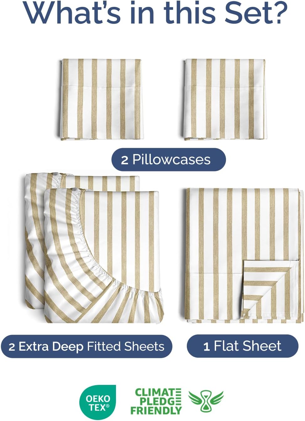 Skiennix Extra Deep Split King Sheet Set - 7 Piece Cooling Bedding - Soft, Wrinkle-Free, Beige Stripes