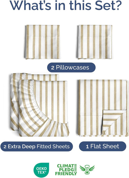 Skiennix Extra Deep Split King Sheet Set - 7 Piece Cooling Bedding - Soft, Wrinkle-Free, Beige Stripes