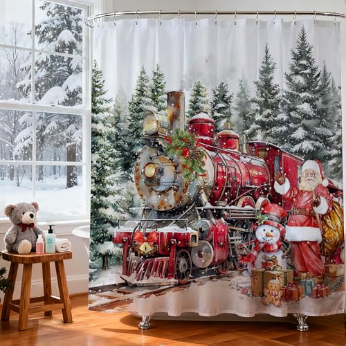 Christmas Shower Curtain Santa Train Snowman Winter Bath Decor 72x72 Inch - White Variation