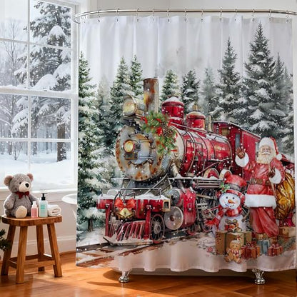 Christmas Shower Curtain Santa Train Snowman Winter Bath Decor 72x72 Inch - White Variation