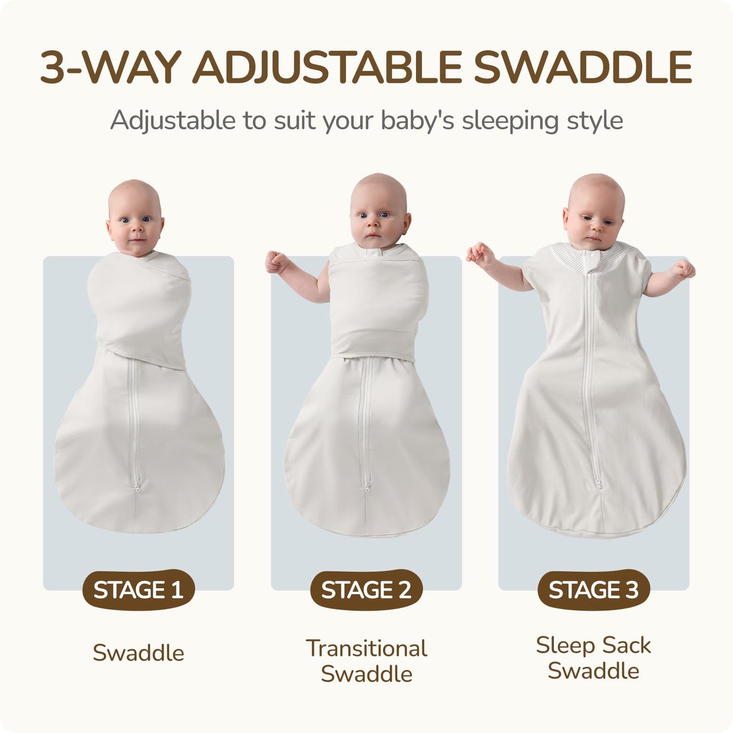 usbettas Swaddles for Newborns, Safe Sleep Swaddle Sack with Mesh Design, Breathable 100% Cotton Sleepsack New-Parent-Friendly 0-3 Month, 3-Way Adjustable Transitional Swaddle, Grey