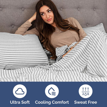Short Queen Size 4 Piece Sheet Set - RV Short Queen, Soft, Breathable & Cooling Bed Sheets Set w/ Deep Pockets - Hotel Luxury Bedding for Women, Men, Kids, Teens, Boys & Girls, Oeko-Tex - Grey Stripes