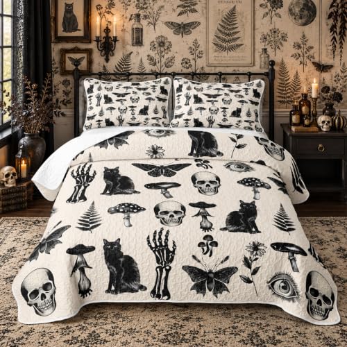 Feelyou Halloween Goth Skull Quilt Set with Black and White Variation Queen Bedding