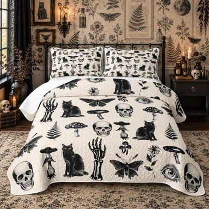 Feelyou Halloween Goth Skull Quilt Set with Black and White Variation Queen Bedding