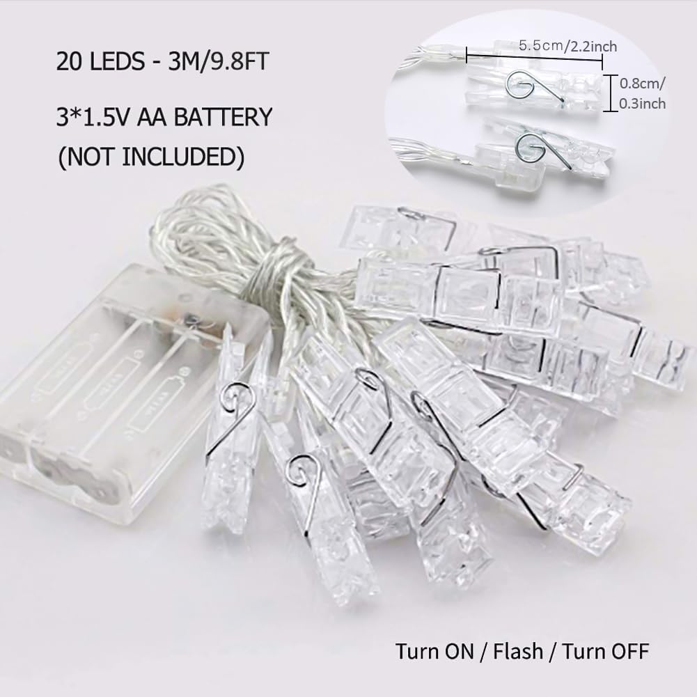 Photo Clips String Lights - 20 LED Fairy Lights with Clips | 9.8Ft Battery Operated Warm White for Home Décor