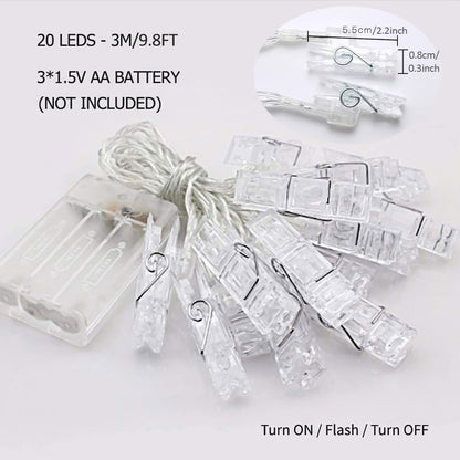 Photo Clips String Lights - 20 LED Fairy Lights with Clips | 9.8Ft Battery Operated Warm White for Home Décor
