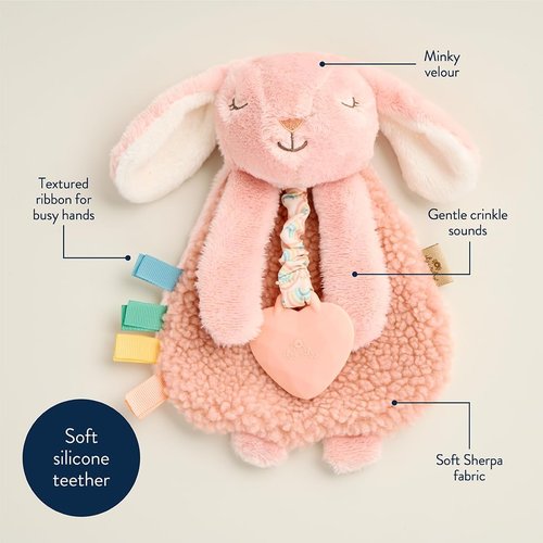 Itzy Ritzy - Itzy Lovey Baby Blanket with Teether & Textured Ribbons | Crinkle Sound, Sherpa Fabric (Pink Bunny)
