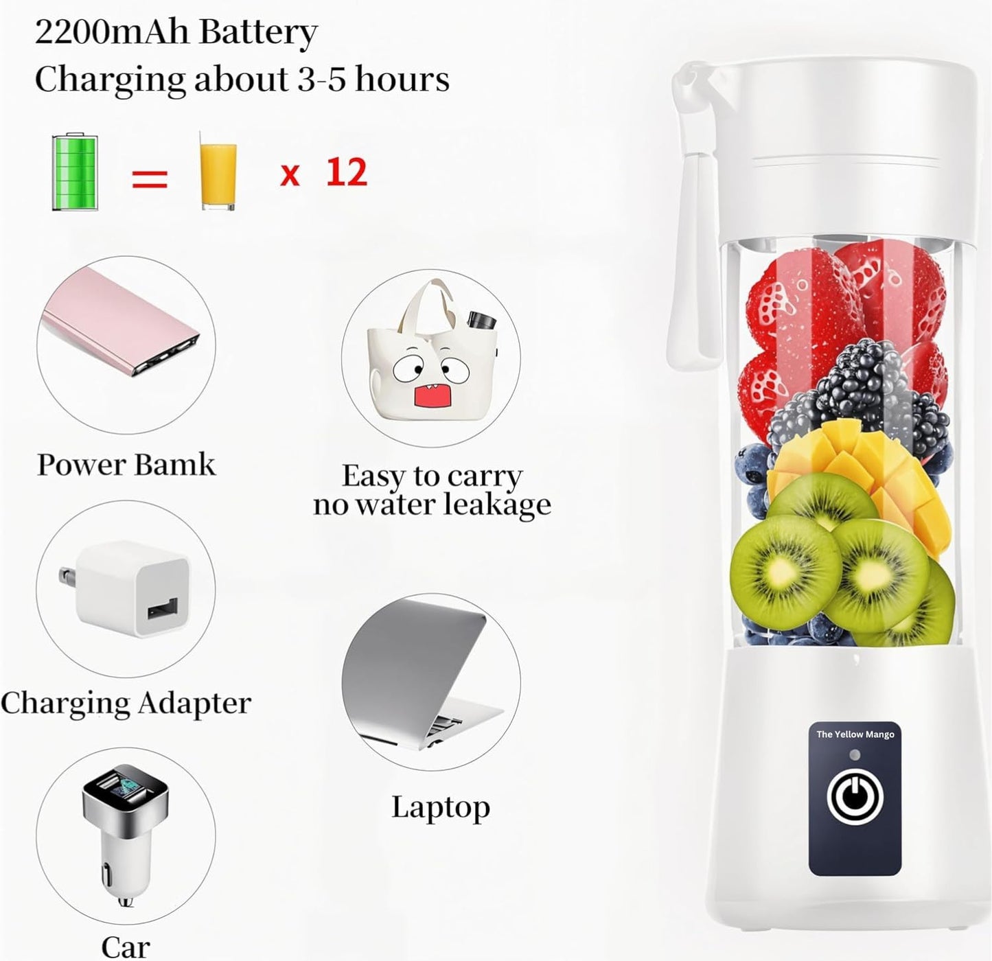 Portable Blender,Mini 6-blade Mixer for Smoothie,Milkshake, Juice, Mobile Hand juicer With USB Rechargeable For Travel, office, picnic, fitness (White)