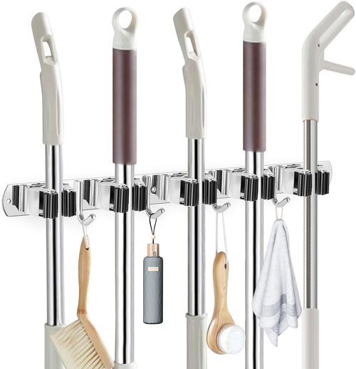 IMILLET Mop and Broom Holder Set - 2 Pack Plastic & 1 Pack Stainless Steel for Easy Organization