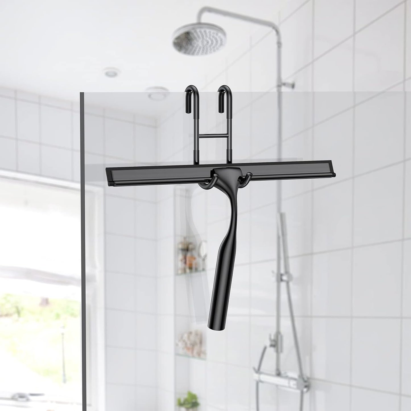 Skiennix Stainless Steel Shower Squeegee Set - 14-Inch with Hooks & Spare Silicone Blade | Ideal for Glass Doors, Mirrors & Windows