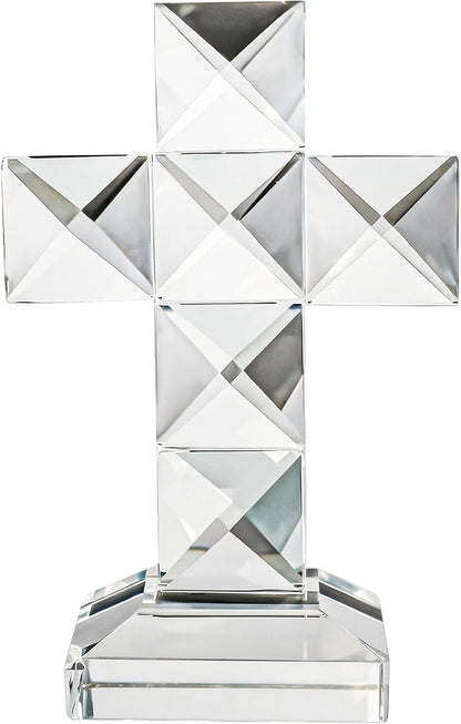 QFkris Crystal Standing Cross - 5'' Tall Clear Glass Tabletop Figurine | Christian Decor Gift