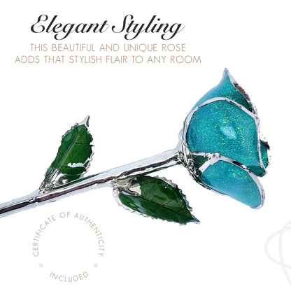 Forever Rose Platinum Serenity Sparkle Rose Platinum Trimmed Rose with Beautiful Teal Color, an Eternal Gift; Hand Dipped & Trimmed in Platinum w/Certificate of Authenticity