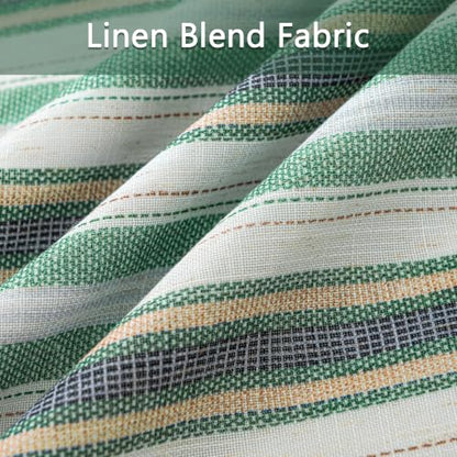 Blackout Linen Curtains 52W x 84L Green Striped 2 Panels - Thermal Insulated