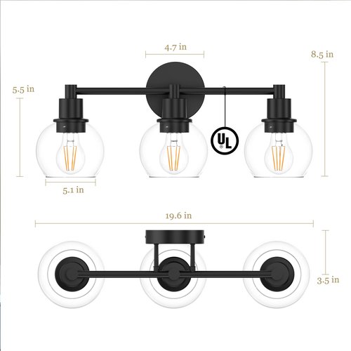 Espird 3 Lights Bathroom Vanity Light Fixtures Black, Bathroom Lights Over Mirror, Industrial and Farmhouse 3 Lights Wall Sconce, Matte Black Globe Vanity Lighting Fixtures