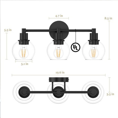 Espird 3 Lights Bathroom Vanity Light Fixtures Black, Bathroom Lights Over Mirror, Industrial and Farmhouse 3 Lights Wall Sconce, Matte Black Globe Vanity Lighting Fixtures