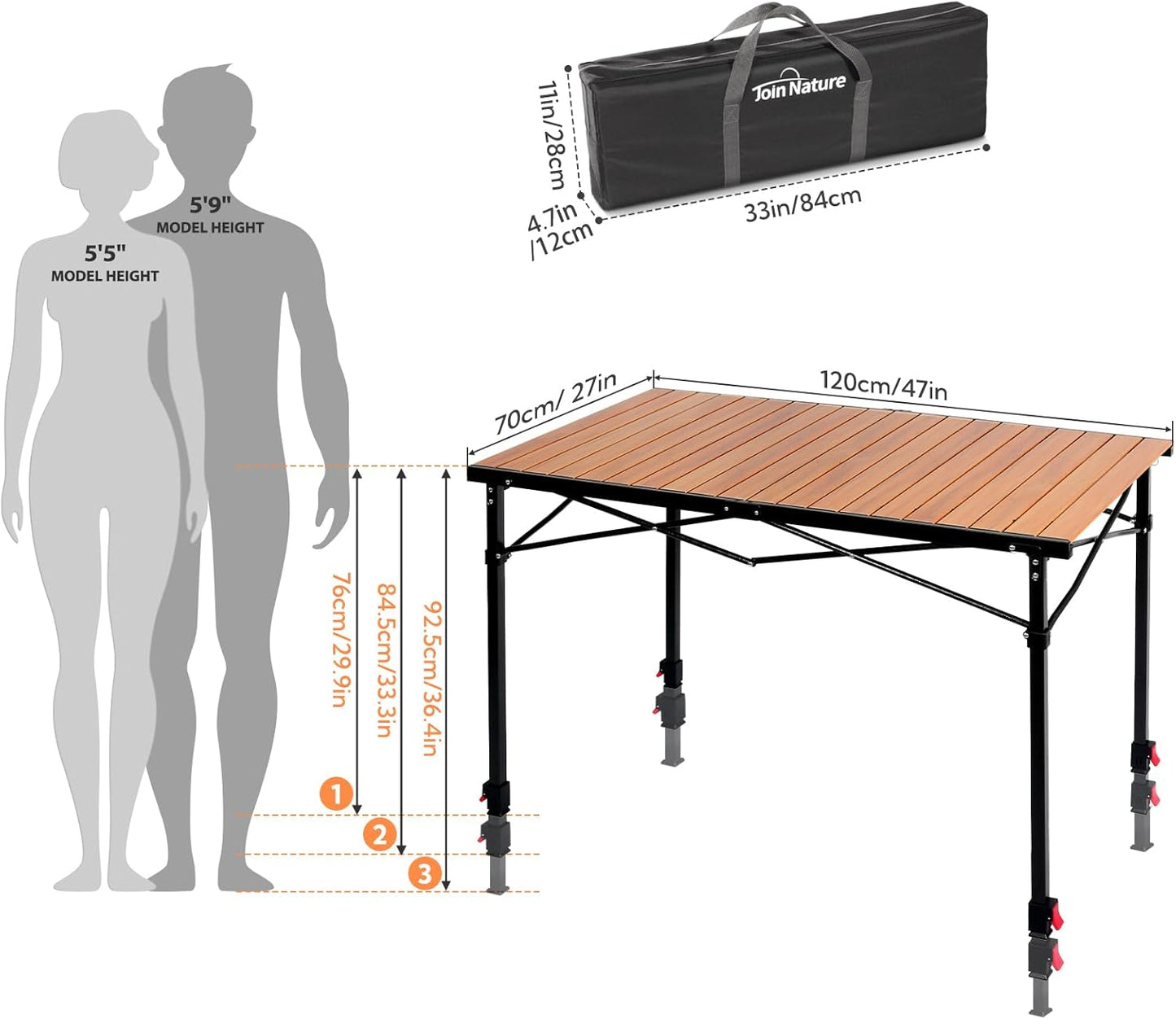 Nature Join Portable Outdoor Camping Table - Adjustable Height, Foldable Aluminum for 2-6 People, 220 Lbs Capacity