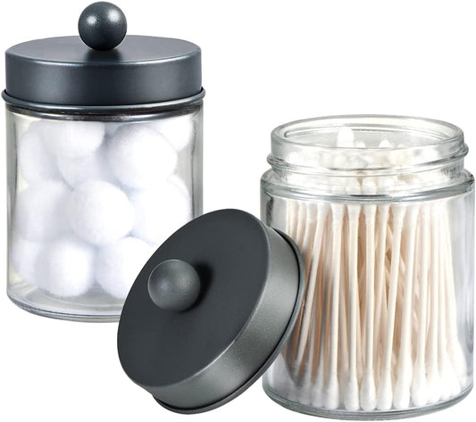 Amolliar Apothecary Jars - Stylish Bathroom Storage Organizer | Glass Canister with Lid for Q-Tips, Cotton Swabs & More - Grey (2 Pack)